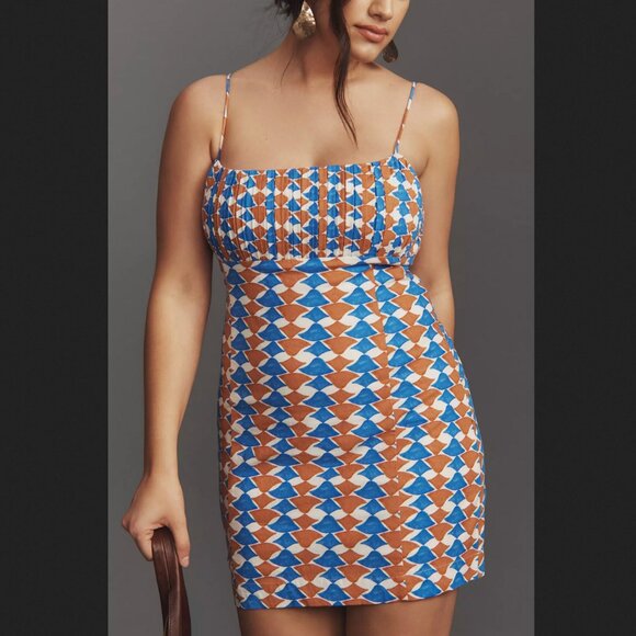 Anthropologie Maeve Ophelia Sleeveless Linen Mini Dress Blue & Orange Sz 20 NEW - Picture 2 of 8